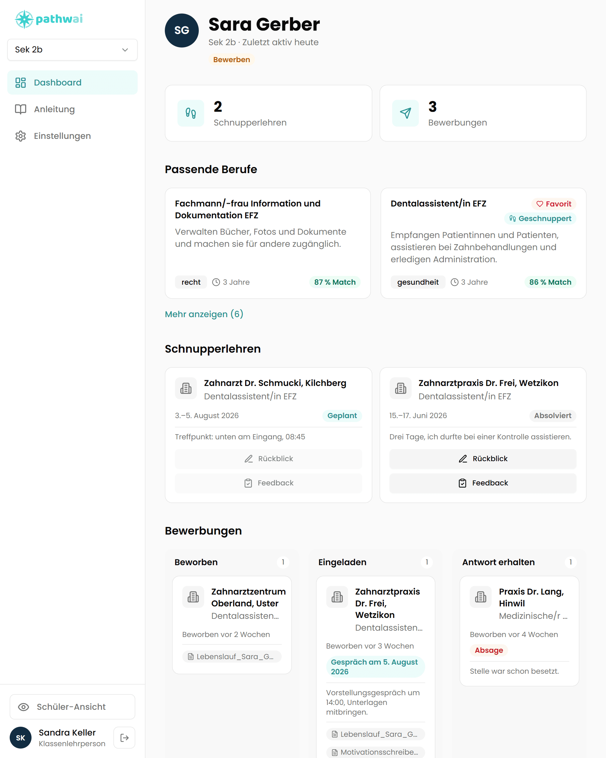 Schülerprofil im Pathwai Lehrerdashboard mit Berufsvorschlägen, Schnupperlehren und Bewerbungen